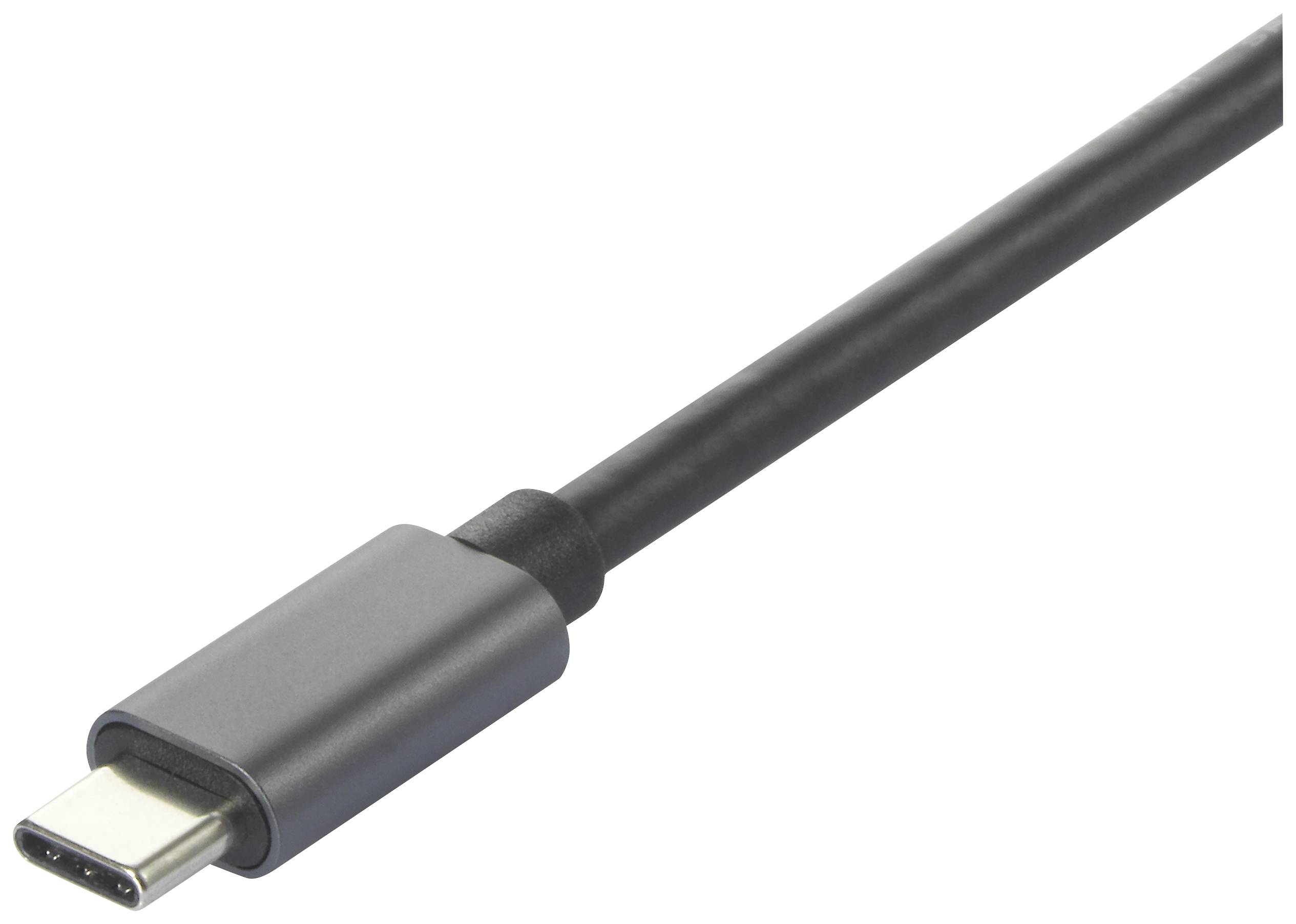Een USB-C-kabel met een zwart snoer en zilveren stekker.