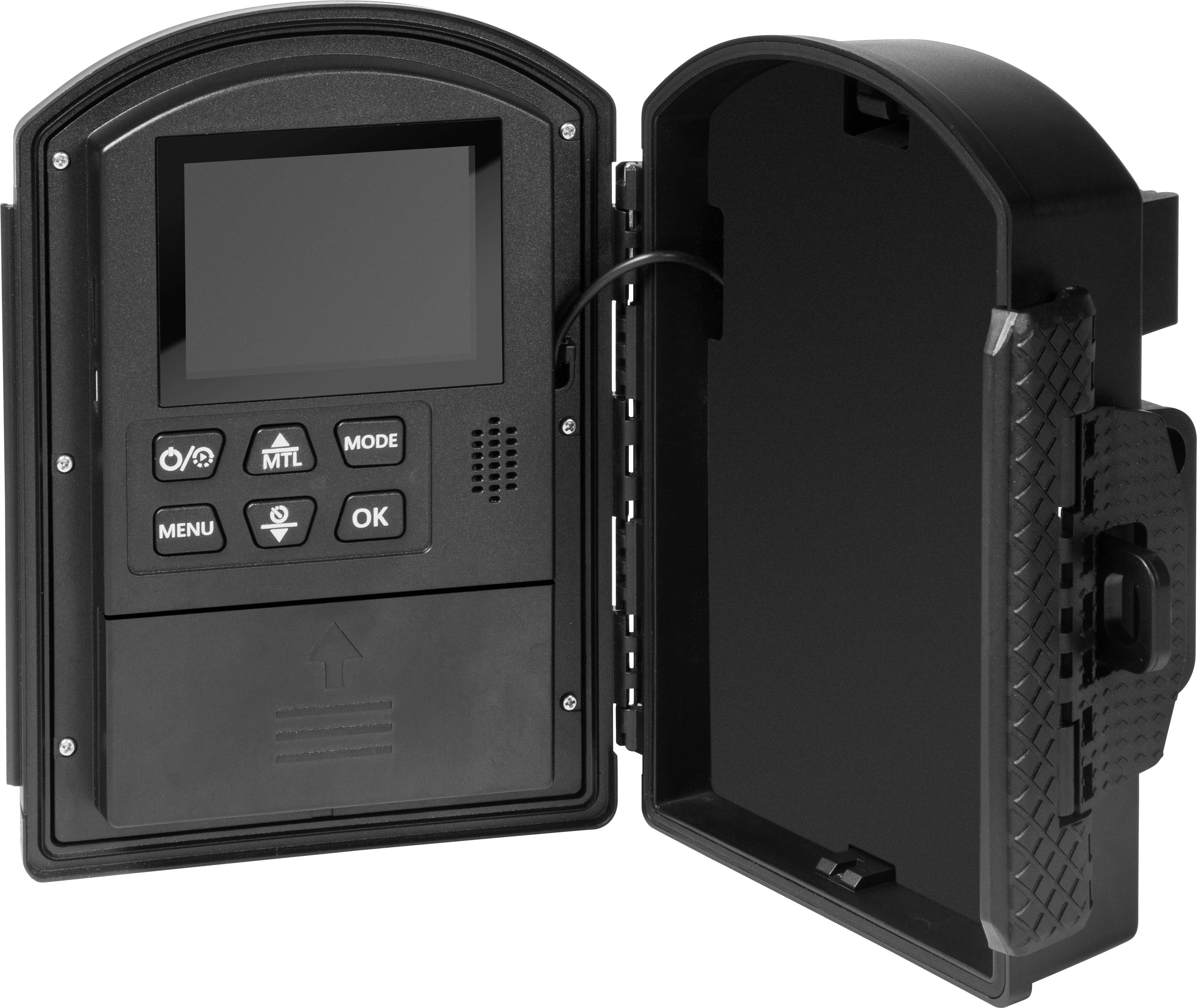 Een geopend behuizing van een wildcamera met een scherm, bedieningsknoppen en een kabel voor energievoorziening of gegevensoverdracht.