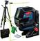 Waterpas-laserset met groene laserstraal. Bevat statief, tas, batterijen en doelplaat. Merk 'Bosch Professional'.