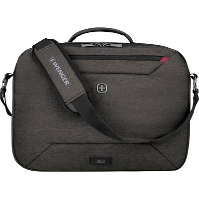 Een zwarte laptoptas van Wenger met een schouderband, een handgreep bovenaan en een subtiel logo in het midden van de voorkant.