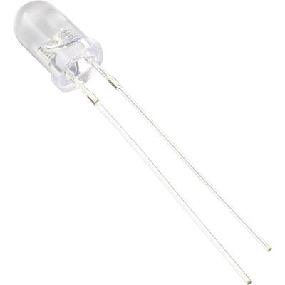 Een transparante LED-diode met twee lange metalen aansluitingen op een witte achtergrond.