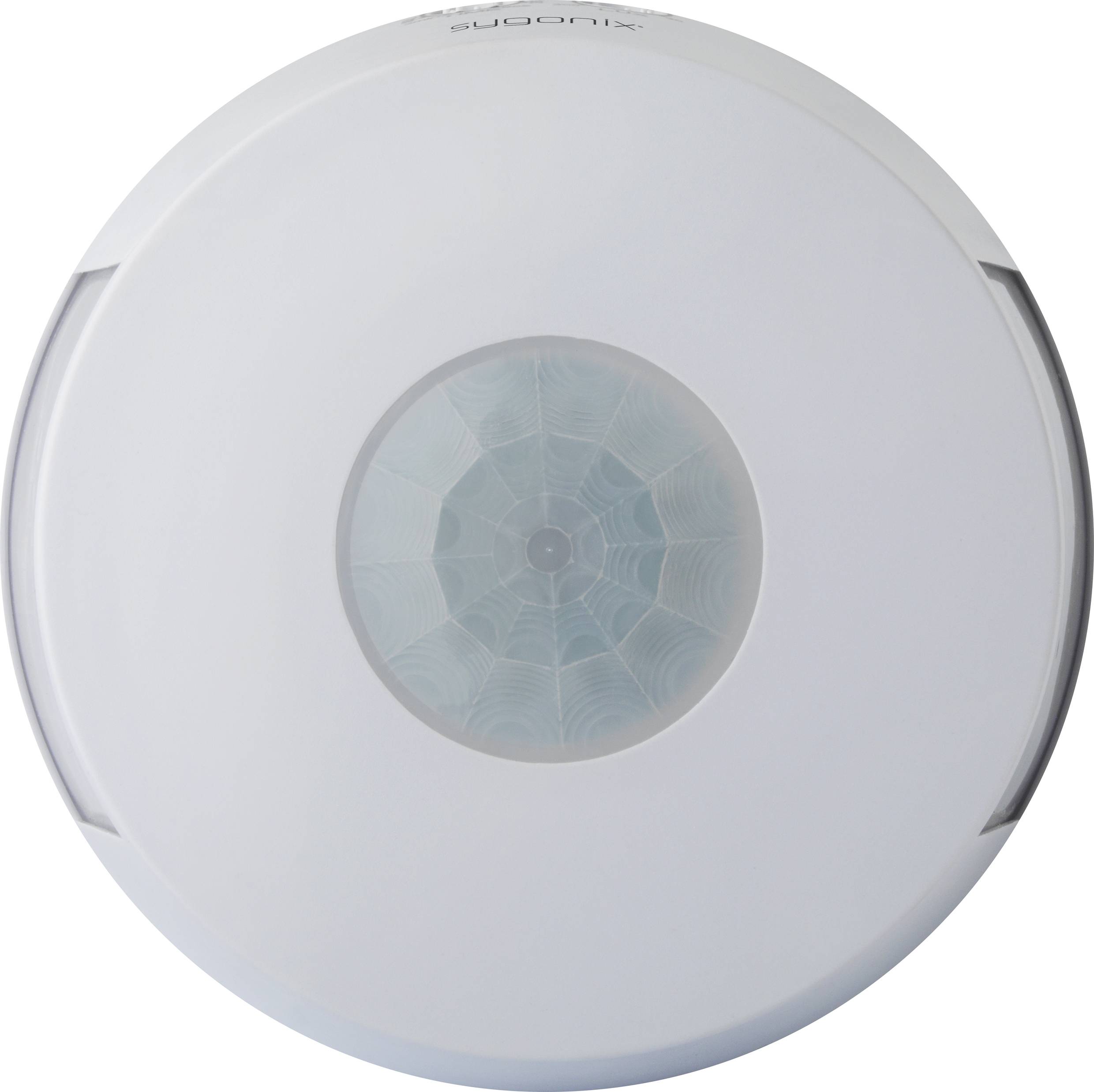 Een ronde plafond bewegingssensor met een centraal lensontwerp voor het detecteren van bewegingen in een ruimte, meestal voor beveiligingsdoeleinden.