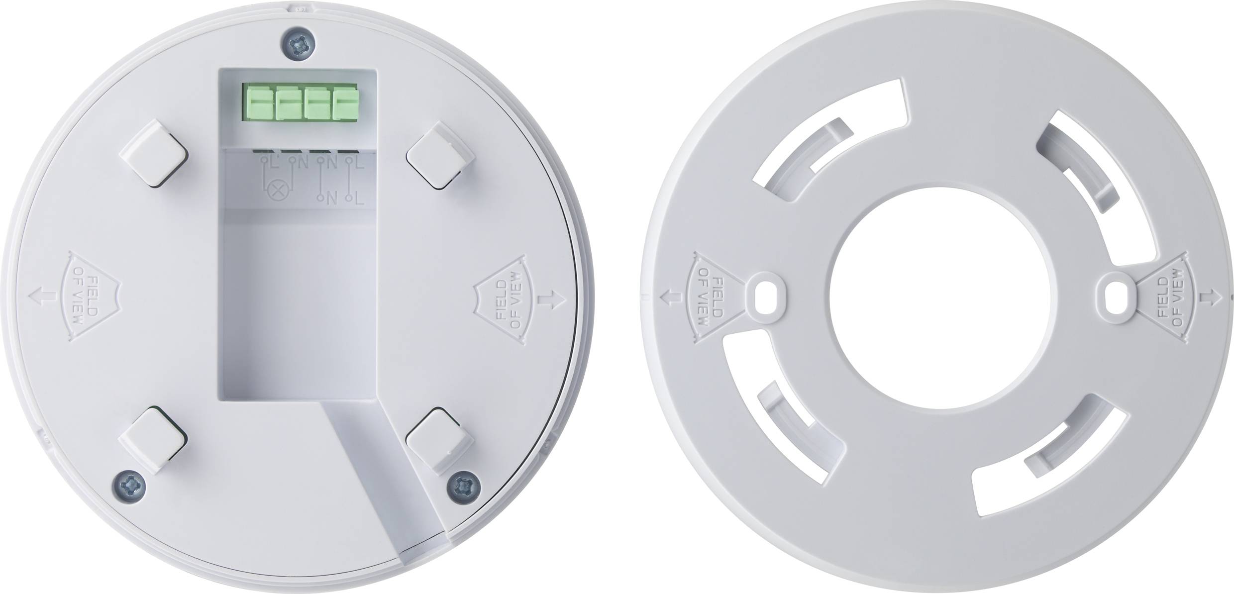 Ronde voet voor rookmelder, waarbij de contactklemmen aan de binnenkant en de montagesleuven aan de buitenkant zichtbaar zijn.