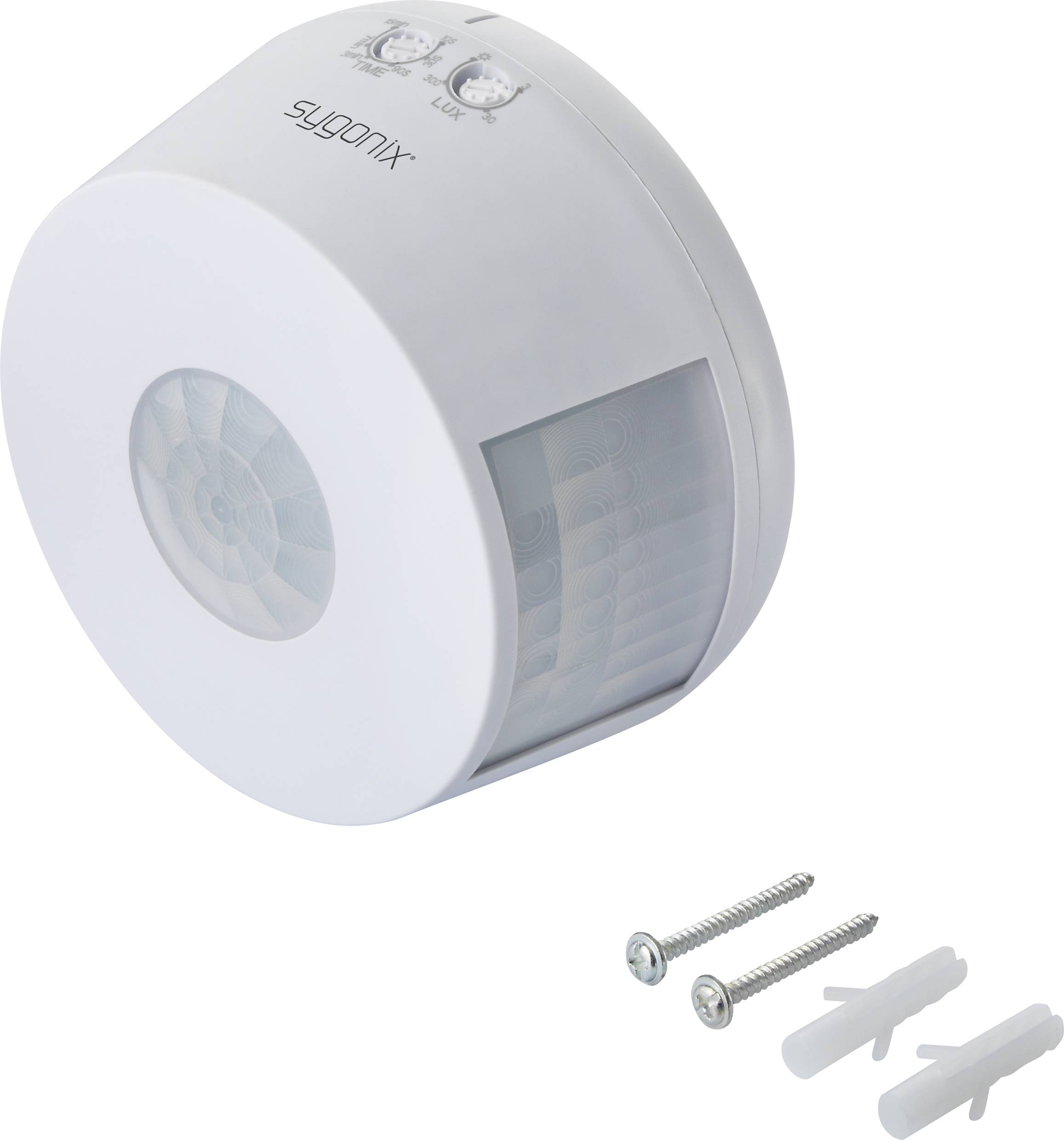 Een ronde, witte bewegingsmelder met twee instelwielen en een sensor, naast twee schroeven en pluggen voor bevestiging.