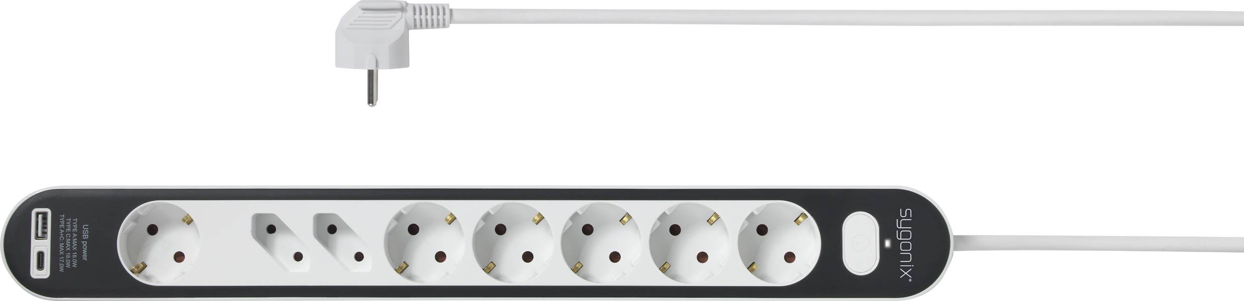 Een zwarte stekkerdoos met acht stopcontacten en twee USB-poorten; aan de zijkant een wit snoer.