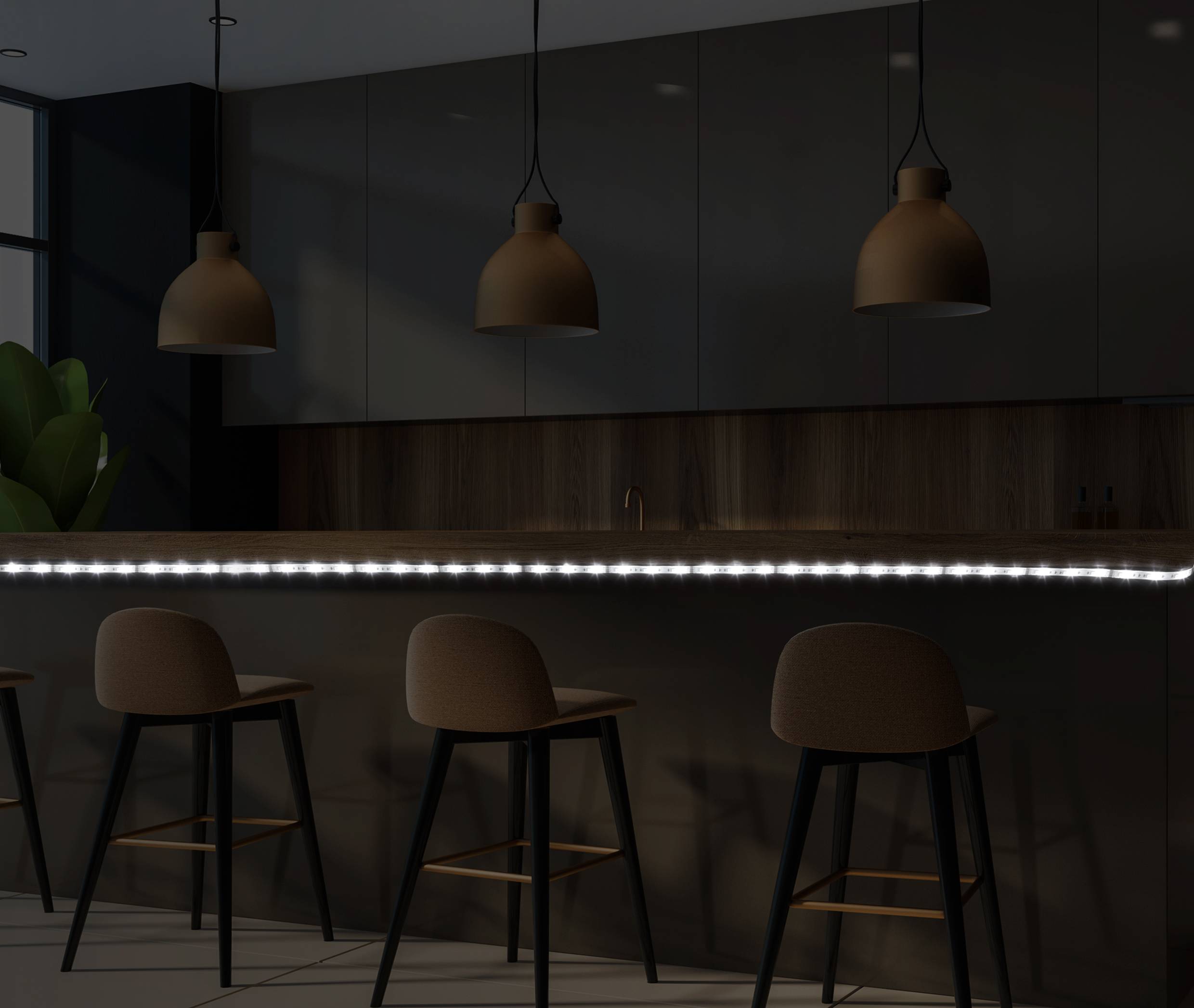 'Donkere keuken met bar, vier houten barkrukken en moderne hanglampen. LED-lichtstrip onder de balie.'