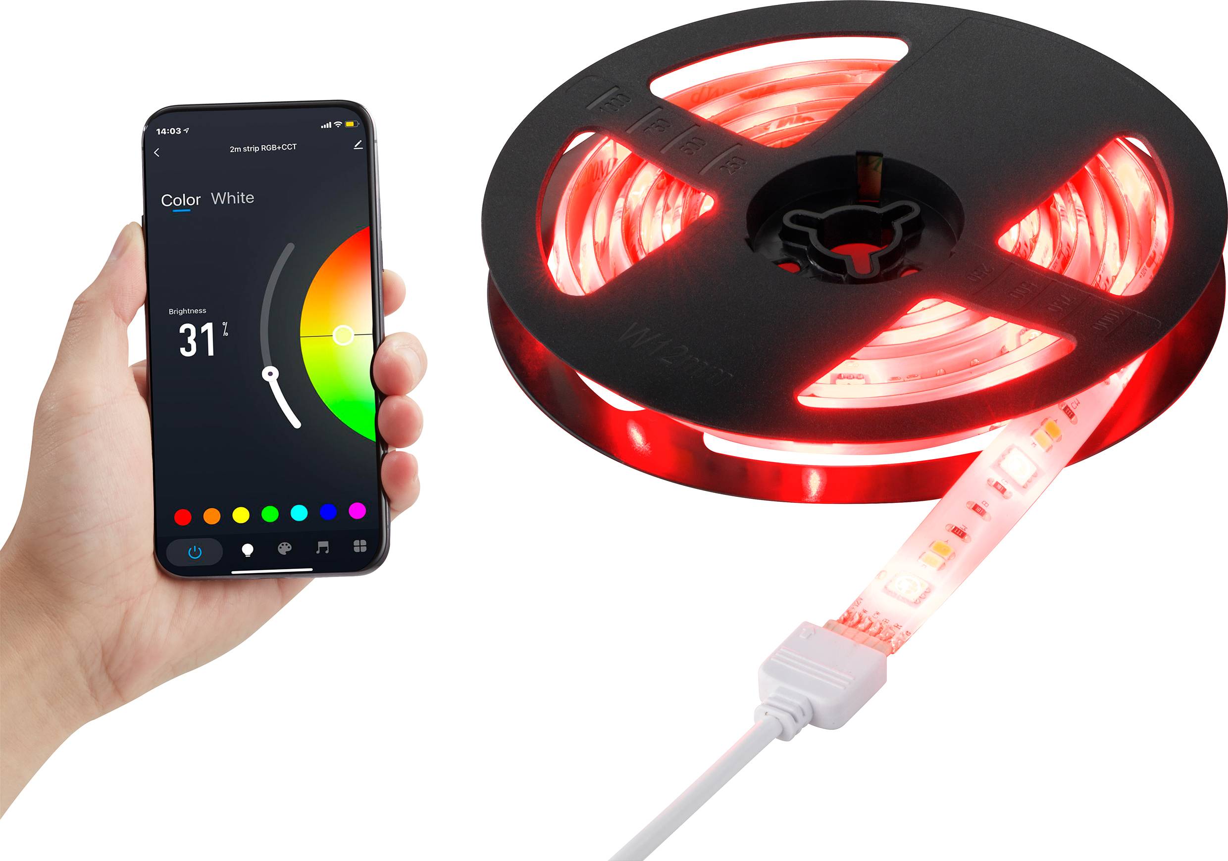Smartphone toont app voor het bedienen van een verlichtingsstrip met rode LED's.