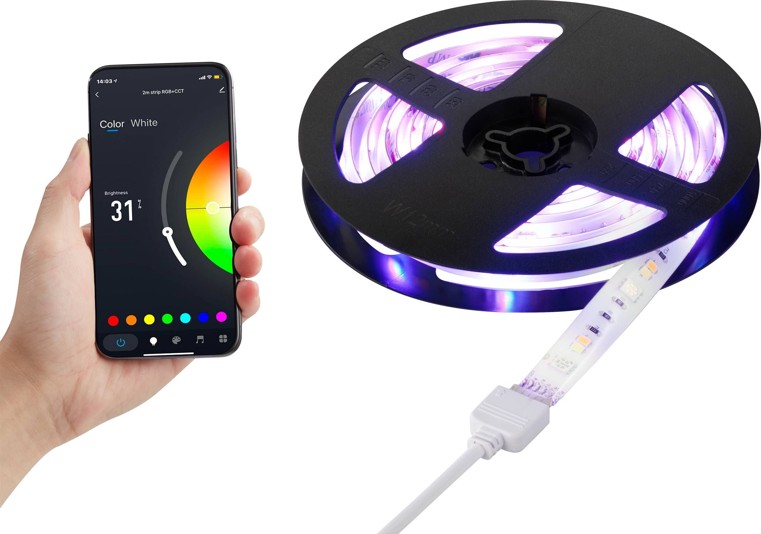 Een smartphone stuurt via een app een LED-lichtstrip aan, die in verschillende kleuren oplicht.