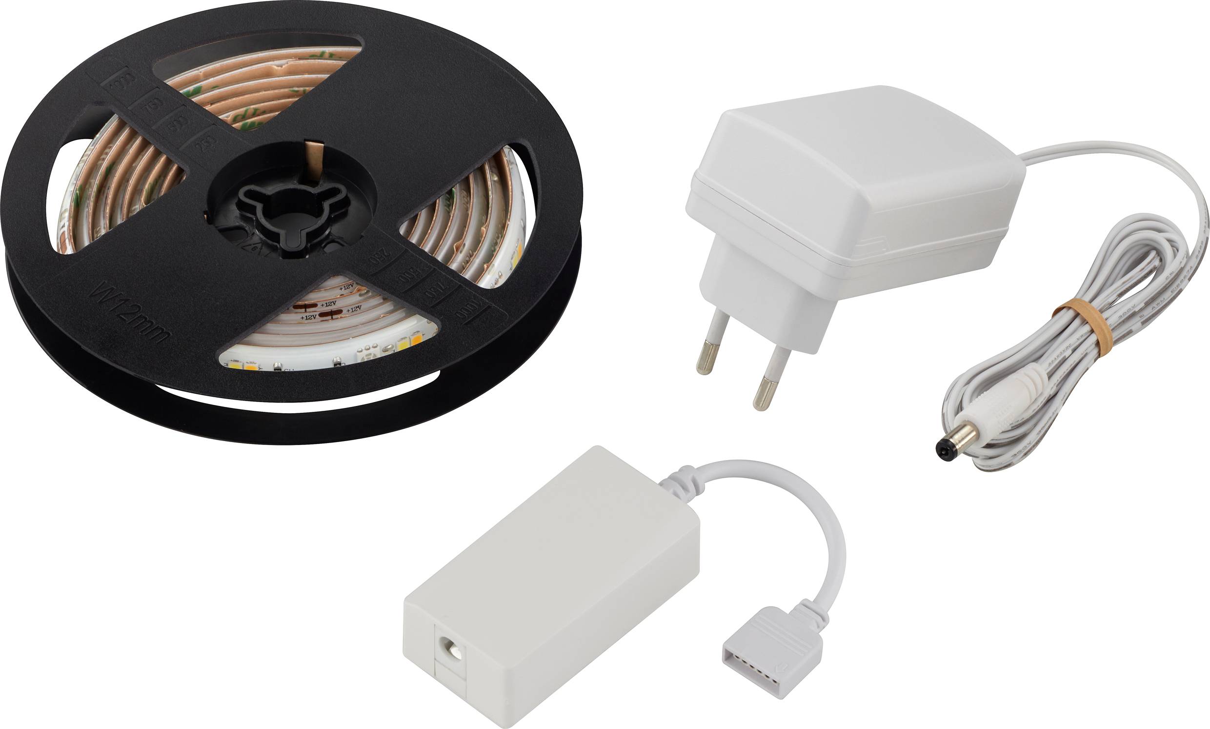 LED-lichtstrook met adapter en besturingsapparaat. Componenten voor installatie en besturing van LED-verlichting.