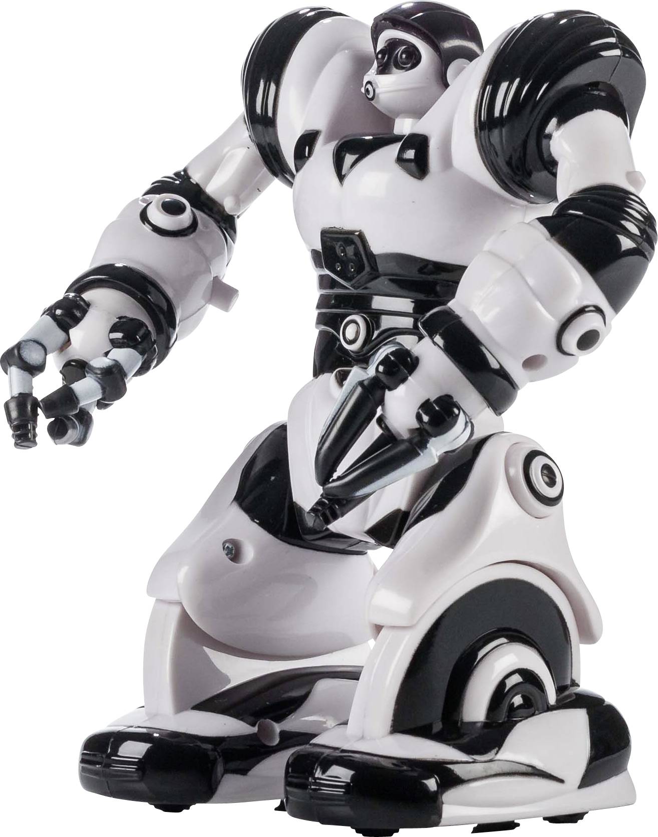 Een wit-zwarte robot met gewrichtarmen en -benen staat rechtop. Het ontwerp is futuristisch en mechanisch.