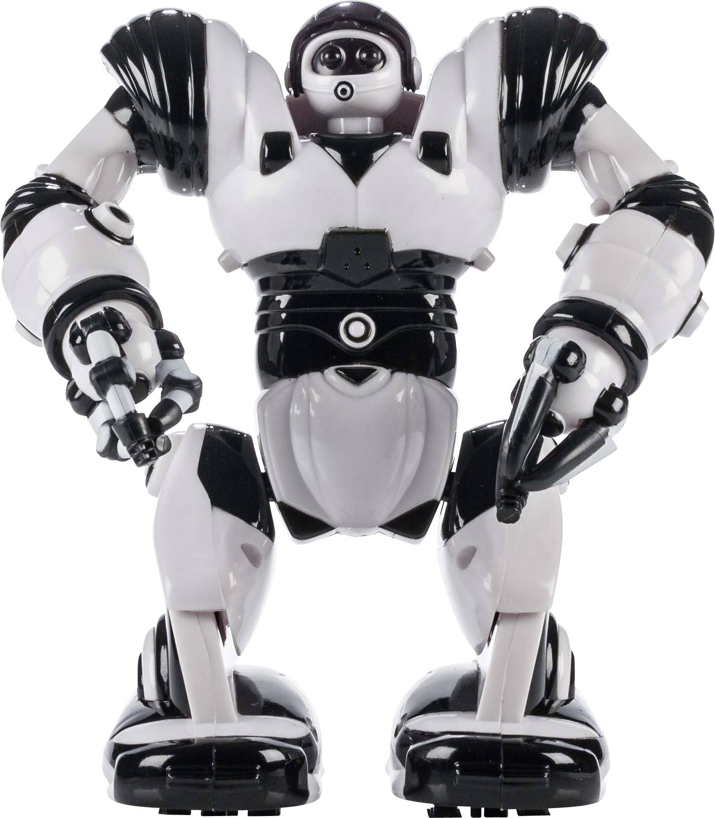 Een zwart-witte robot in menselijke vorm, staat rechtop.