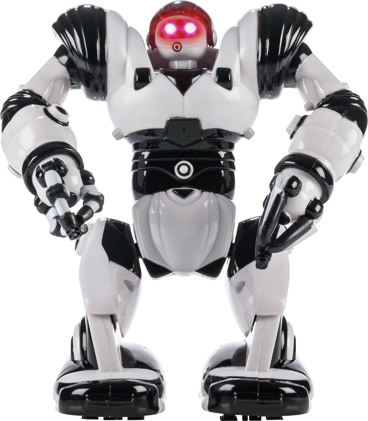 Een grote, futuristische robot met rood oplichtende ogen, voornamelijk in wit en zwart. Wekt een krachtige en technologische indruk.