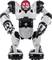 Een grote, futuristische robot met rood oplichtende ogen, voornamelijk in wit en zwart. Wekt een krachtige en technologische indruk.