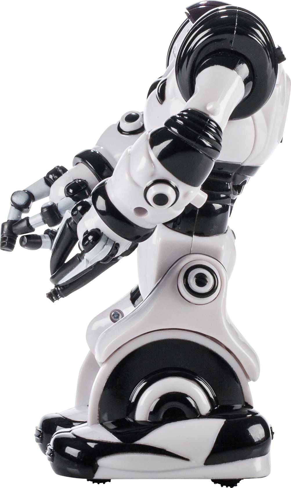 Speelgoedrobot met futuristisch design, voornamelijk in zwart en wit, met beweegbare armen.