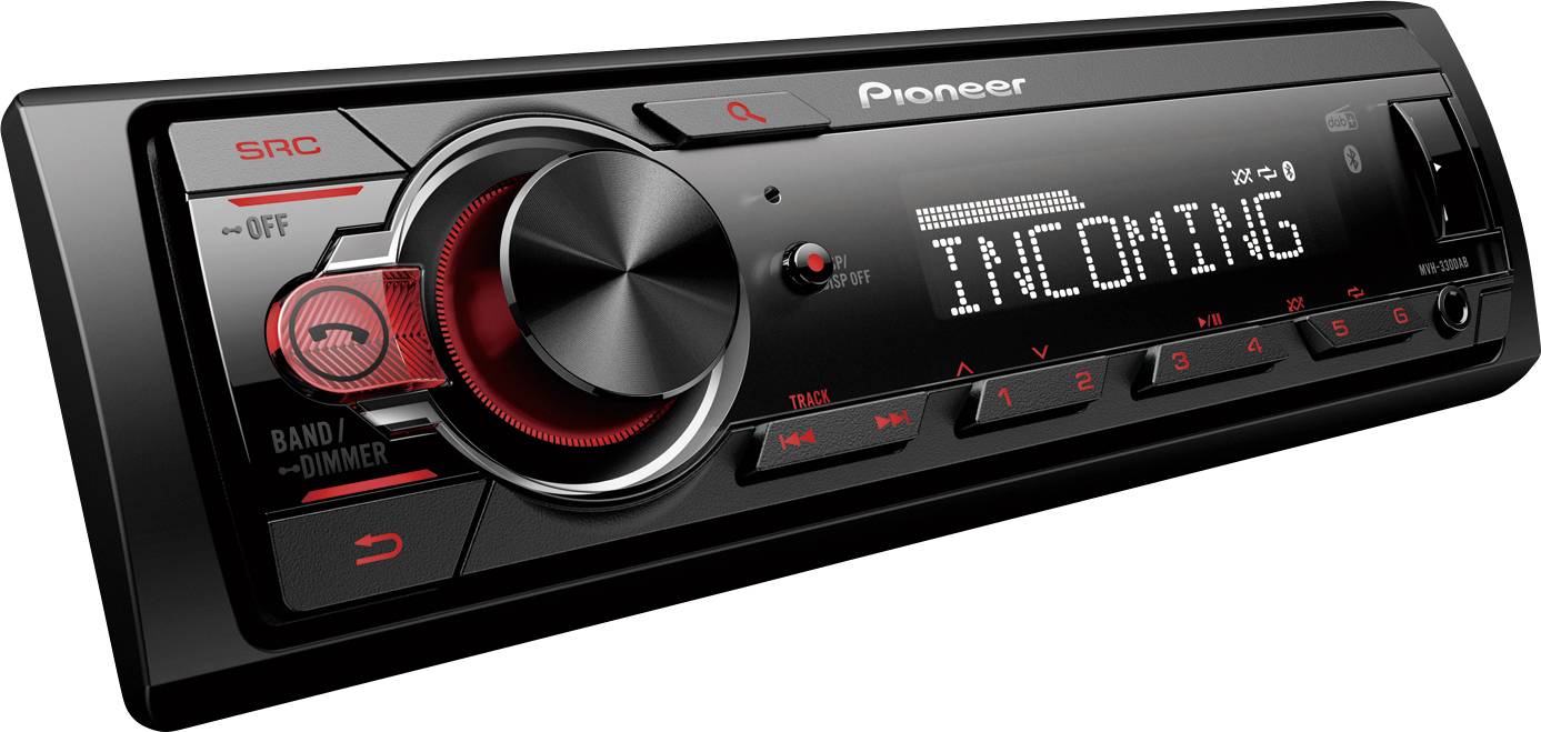 Autoradiodisplay toont 'Inkomend'. Links een draaiknop met rode accenten, rechts toetsen voor bediening en zenderkeuze.