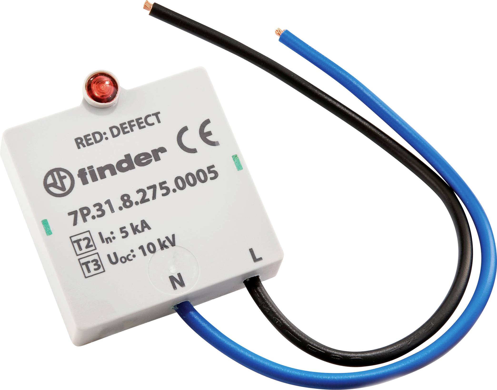 Een elektrisch apparaat met rode en blauwe kabels. Opschrift: 'finder 7P.31.8.275.0005 In: 5 kA Uoc: 10 kV'. Rode LED-indicator geeft storing aan.