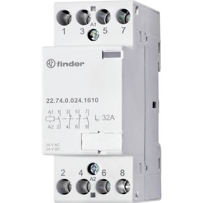 Een finder-relais met een spanning van 24V AC/DC en een stroomsterkte van 32A, geschikt voor montage op een DIN-rail.