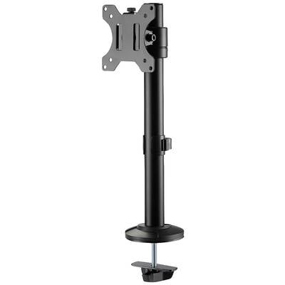 Een zwarte metalen monitorsteun, geschikt voor bevestiging aan tafelranden, maakt hoogteverstelling en zwenken van het beeldscherm mogelijk.
