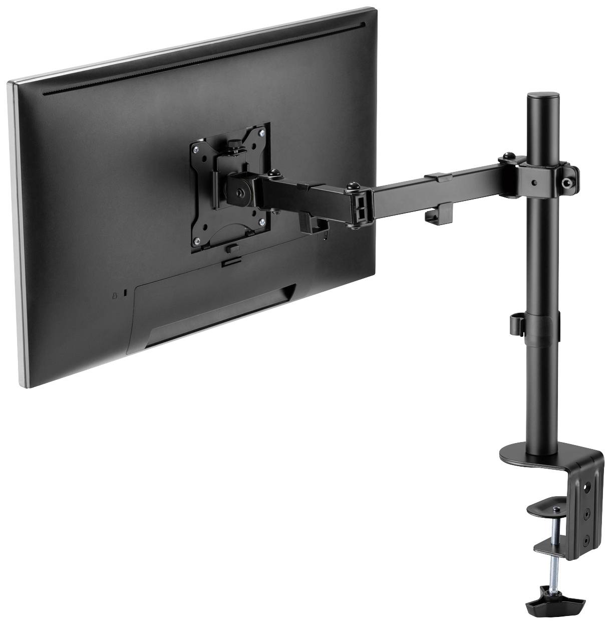 Een monitorarm met klembevestiging, toont een beugel in een werkplekopstelling. Hij biedt hoogteverstelbare en draaibare functies.