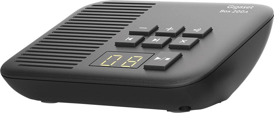 Zwarte antwoordapparaat met luidsprekerooster, toetsenbord met nummerweergave '06'. Gemarkeerd als 'Gigaset Box 200A'.