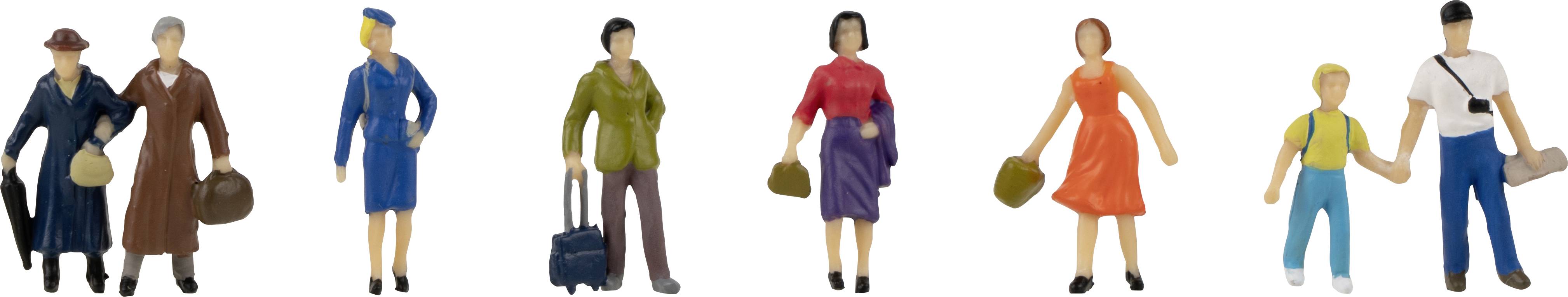 Kleine figuren in verschillende beroepen en outfits. Van links naar rechts: Man met hoed, vrouw in uniform, man met koffer, vrouw met rode top, vrouw in jurk, kind met volwassene.