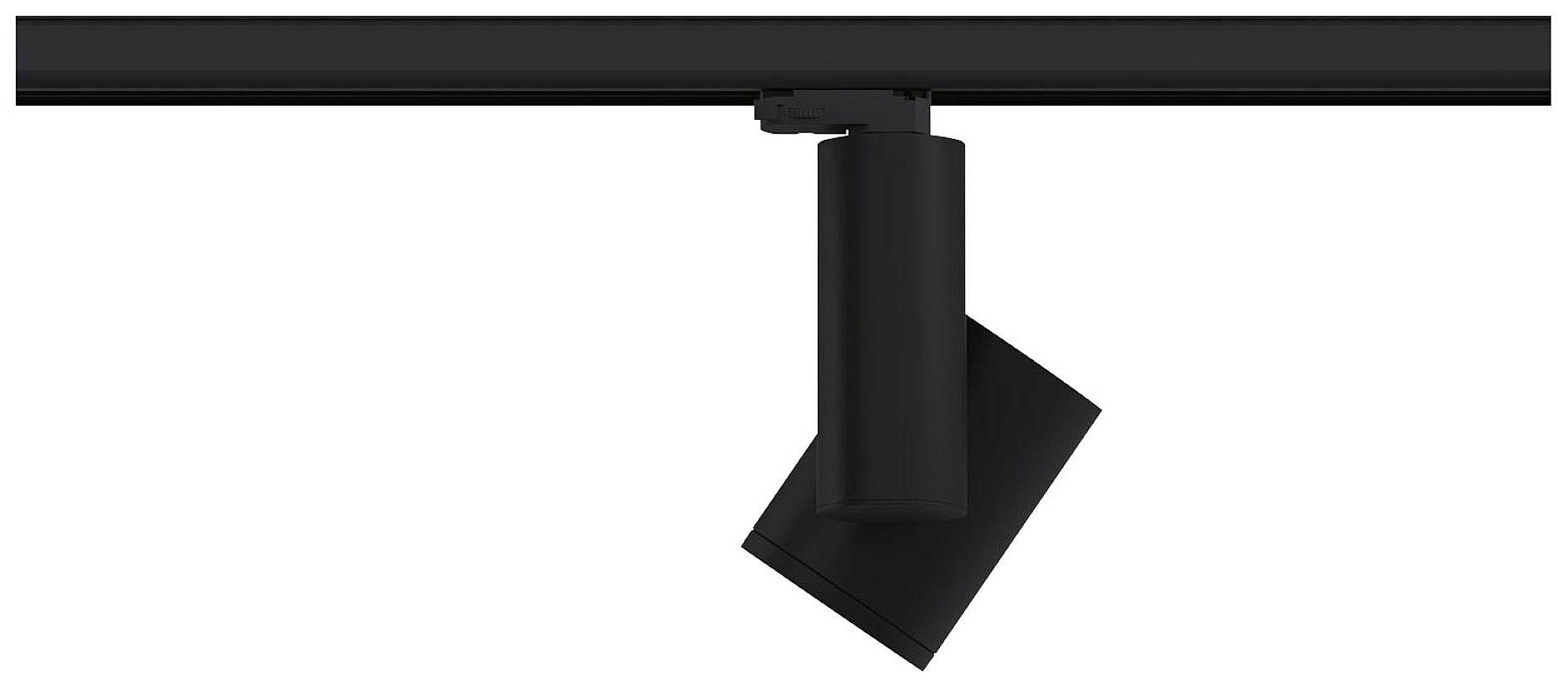 Zwarte plafondspot gemonteerd op een rail, cilindrisch ontwerp, geschikt voor gerichte verlichting in binnenruimtes.