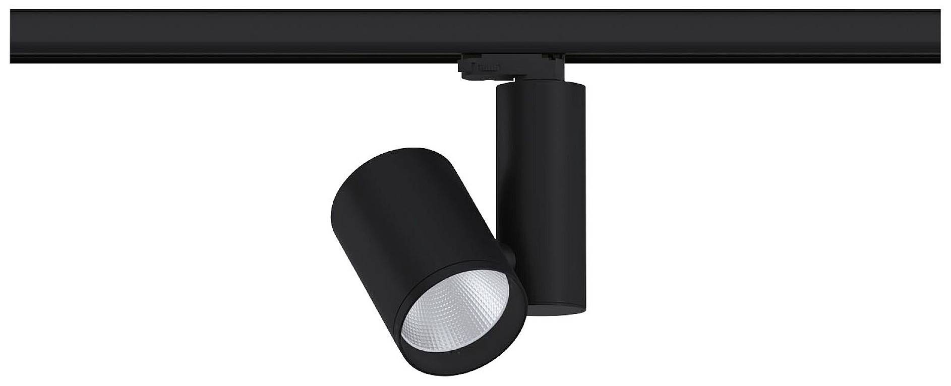 Zwarte cilindrische plafondspot, bevestigd aan een rail, wordt gebruikt voor gerichte verlichting van binnenruimtes.
