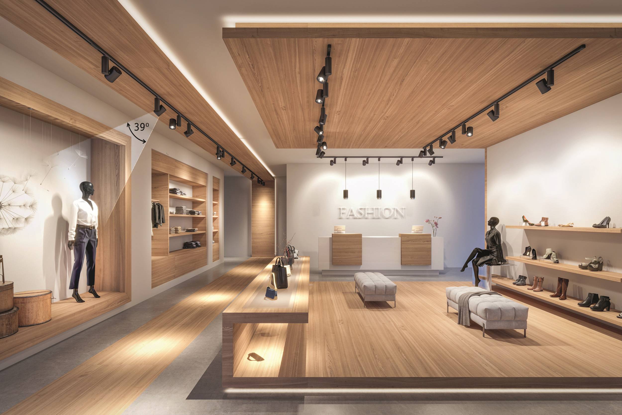 Een moderne modezaak met houten decoratie, kleding en schoenen op planken en twee etalagepoppen die outfits showen.