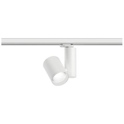 Een moderne, witte plafondspot aan een rail, gericht om licht op een specifiek punt te focussen.