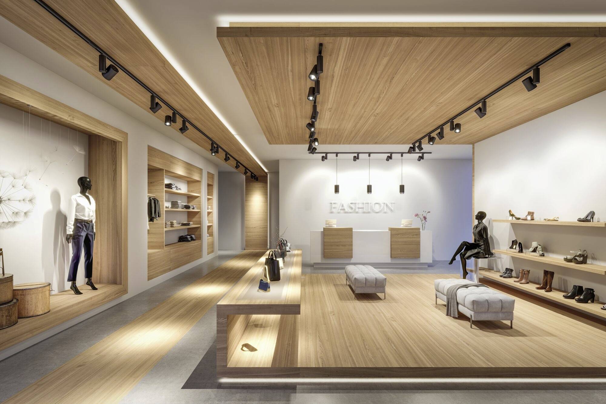 Moderne modewinkel-showroom met houten decoratie. Kleding en accessoires worden tentoongesteld op schappen en etalagepoppen.