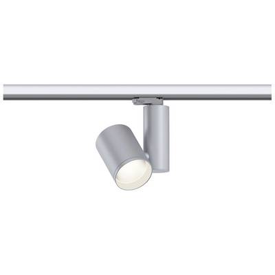 Een enkele, zilveren LED-spotlamp is gemonteerd op een rail en schijnt naar beneden.