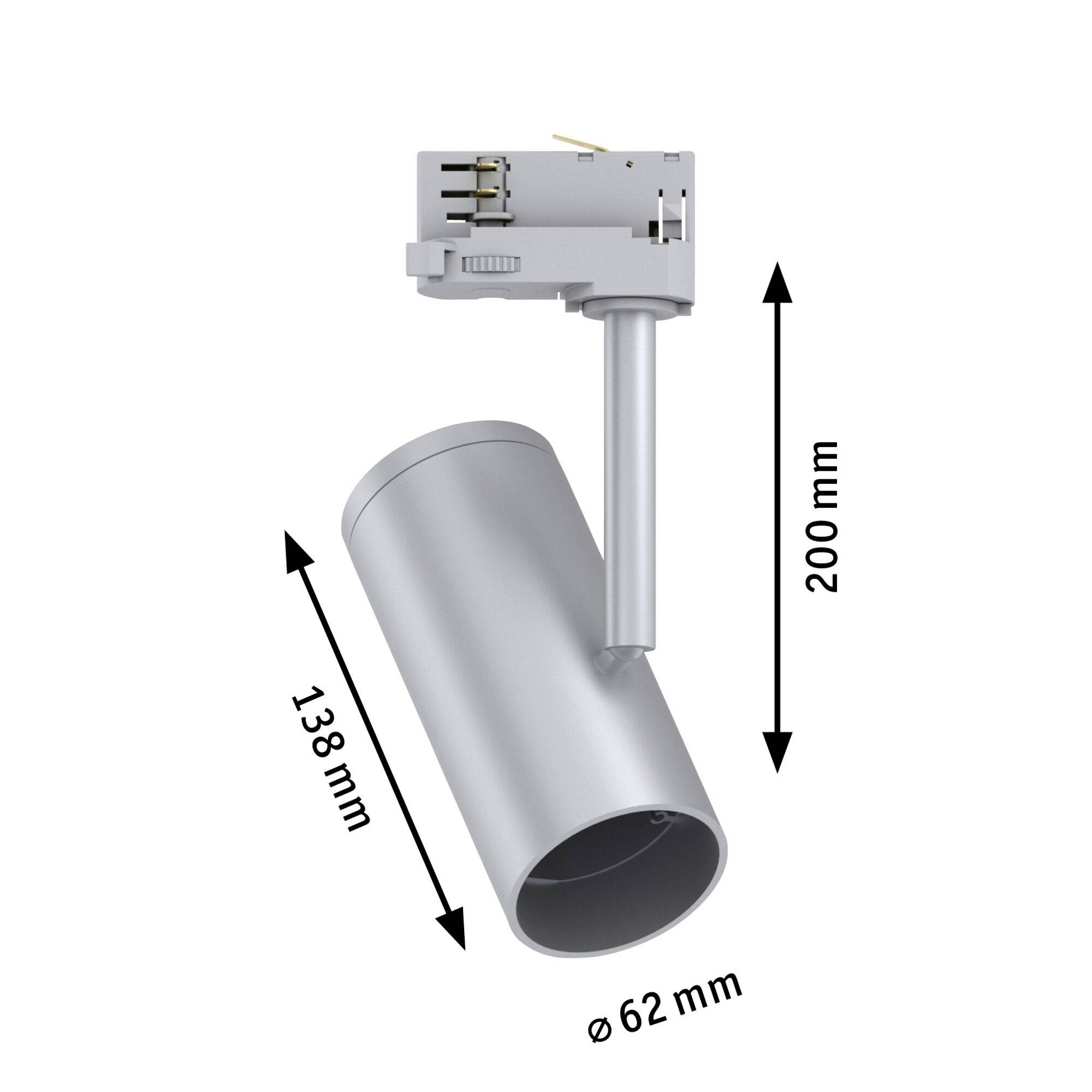Zilveren, cilindrische LED-schijnwerper met afmetingen van 138 mm (diepte), 200 mm (hoogte) en 62 mm (diameter) tegen een witte achtergrond.