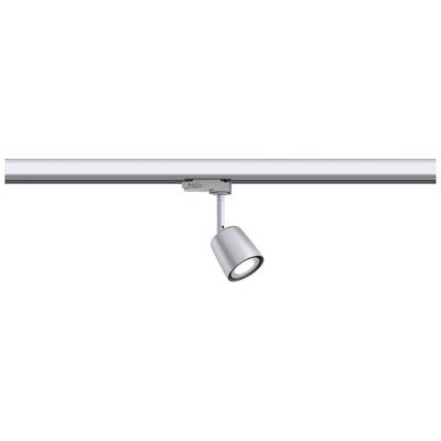 Een zilveren plafondspot aan een rail, naar beneden gericht. Minimalistisch ontwerp in moderne stijl.