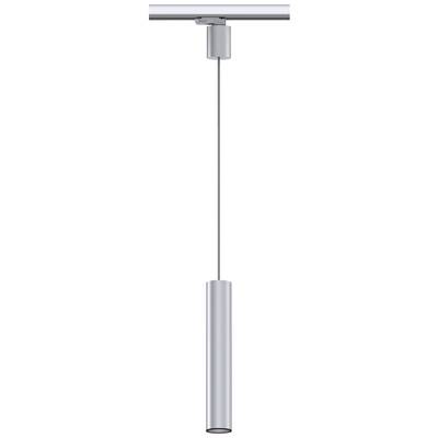 Zilveren LED-hanglamp met smal, cilindrisch ontwerp, opgehangen aan een rail, ideaal voor moderne interieurs.