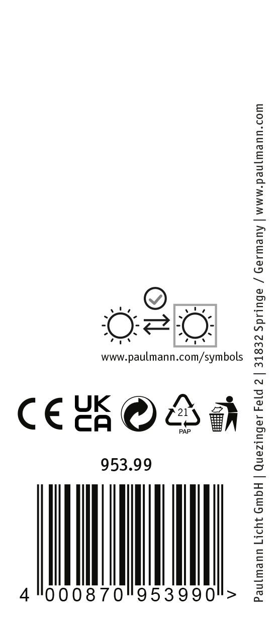 Etiket met streepjescode (4008709539909) en Paulmann-logo. Symbolen: zonlicht en recyclebare verpakking. Prijs 953,99 euro. Fabrikantinformatie: Paulmann Licht GmbH, Duitsland.