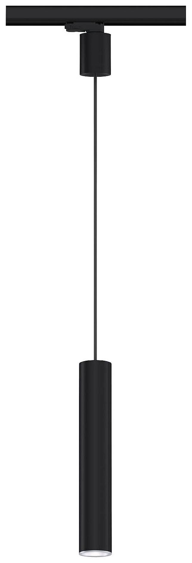 Zwarte, cilindrische hanglamp die hangt aan een slanke stang. Geschikt voor moderne binnenverlichting.