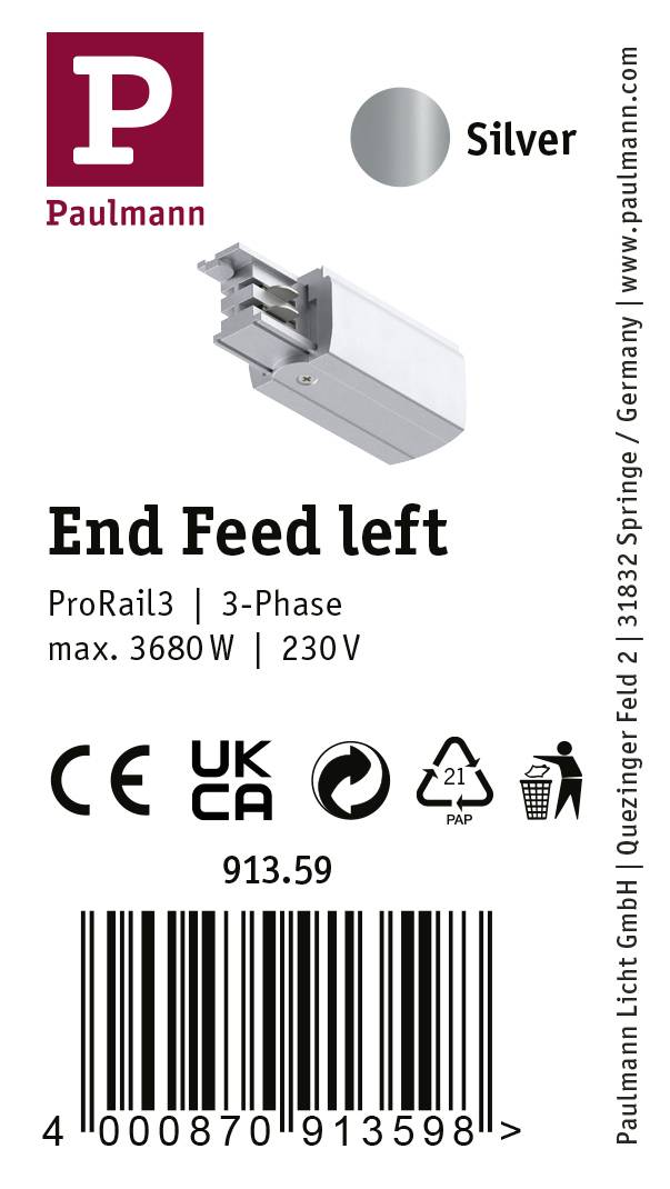 'End Feed links' toebehoren van Paulmann voor ProRail3 railsysteem, zilver, 3-fasen, max. 3680 W, 230 V.