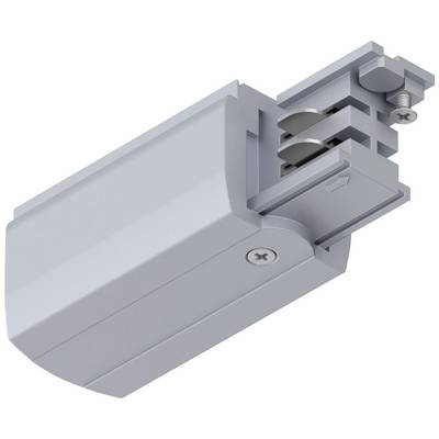 Zilveren elektrische connector voor railverlichting, toont detail van metalen contacten en montagebevestigingsschroeven.