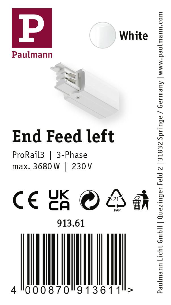 'Eind Voeding links', ProRail3, 3-Fasen, max. 3680W, 230V, witte kleur, merknaam 'Paulmann'. CE- en UKCA-certificering. Barcode onderaan.