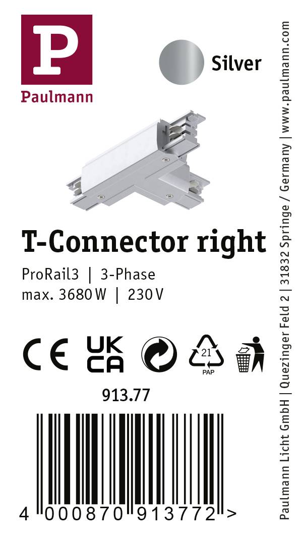 'T-Verbinder rechts' van Paulmann, zilver, voor 3-fase rail tot 3680W, 230V. CE- en UKCA-markeringen aanwezig.