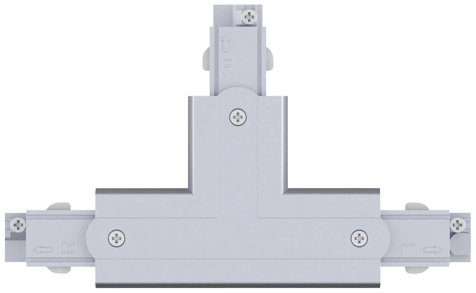 Een grijs, T-vormig verbindingselement met schroeven aan de drie uiteinden, mogelijk onderdeel van een railsysteem.