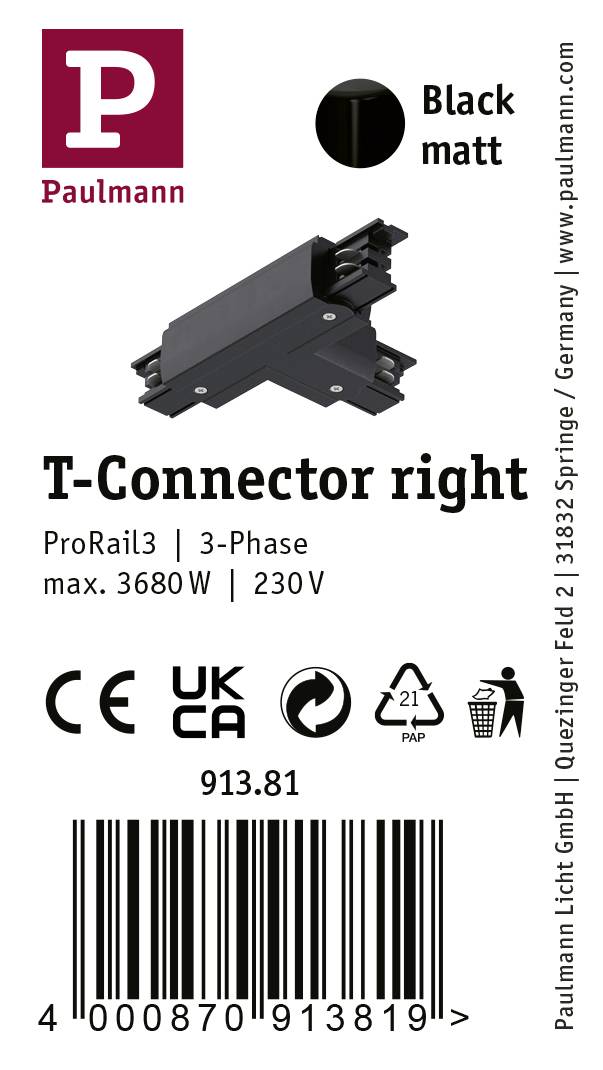 Zwarte matte T-connector rechts voor ProRail3, 3-fase stroomrail, max. 3680W, 230V. CE en UKCA gecertificeerd.