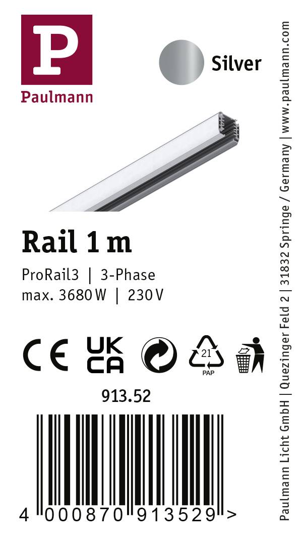 'Paulmann' merkteken en zilveren rail, 1 m lang, ProRail3, driefasig, maximaal vermogen 3680W bij 230V. Fabrikantgegevens en streepjescode.