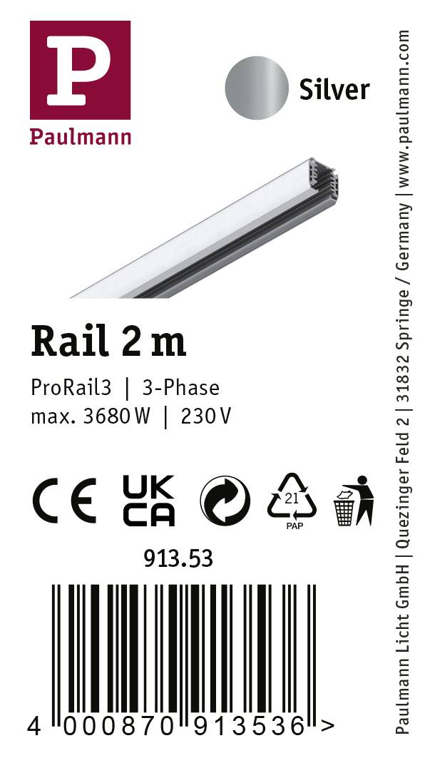 Een 2 meter lang railsysteem van Paulmann, zilverkleurig. Voor 3-fase rail, max. 3680 watt, 230 volt. Model: 913.53.