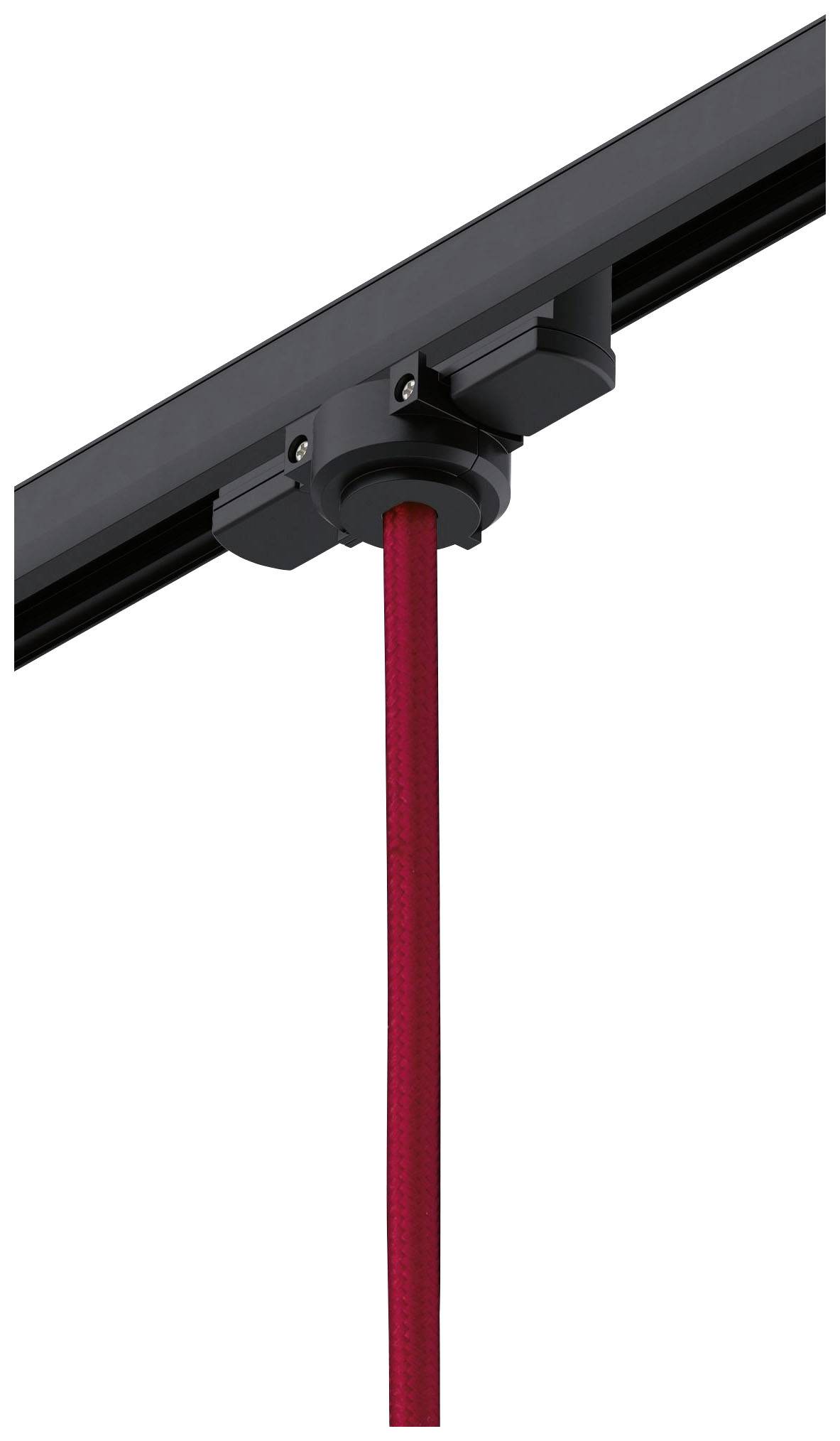 Een rood kabel hangt van een zwarte houder aan het plafond.