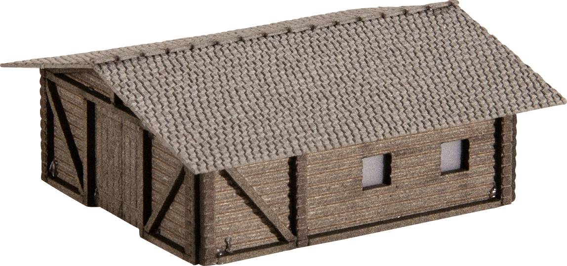 Een klein model van een gebouw met een plat dak, gemaakt van houten planken en twee rechthoekige ramen aan de zijkant.