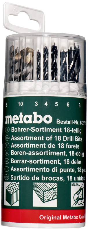 Metabo boorset met 18 boorbitsen in een duidelijk plastic koffertje, gelabeld voor metaal- en algemeen boren.