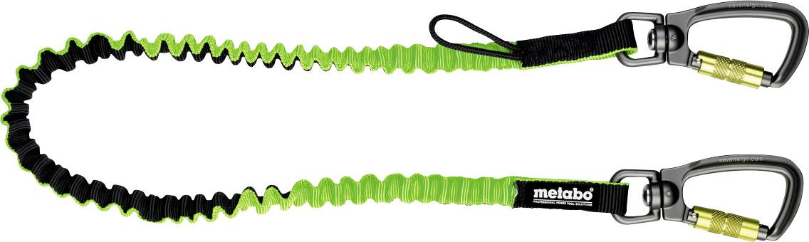 Twee zwart-en-groene opgerolde gereedschapslieren met metalen karabiners en gele eindconnectoren, weergegeven naast elkaar op een witte achtergrond.