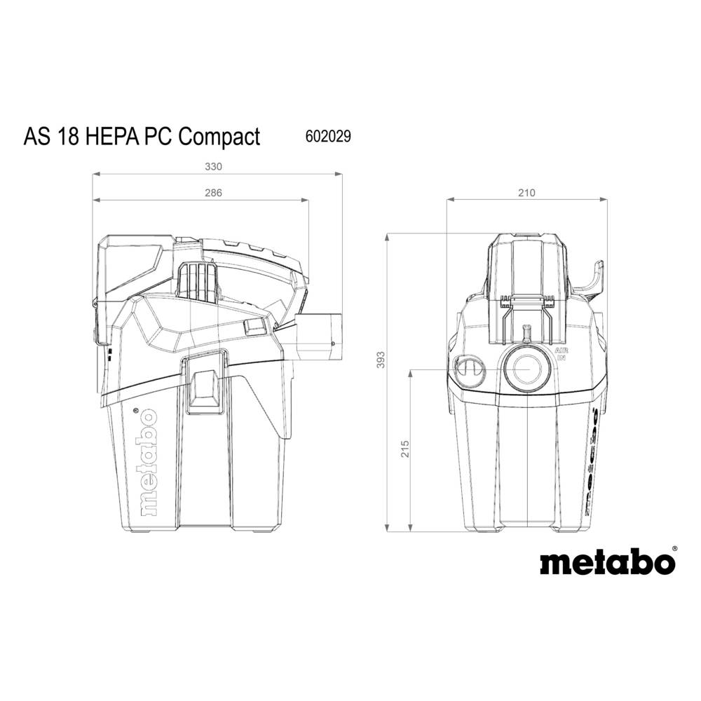 'Metabo AS 18 HEPA PC Compact' technische tekening met afmetingen: Breedte 330 mm, Hoogte 306 mm, Diepte 210 mm. Productweergave van voren en opzij. Modelnummer 602029.