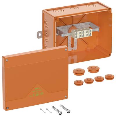 Oranje verdeeldoos met transparante deksel, metalen beugel en aansluitblok, schroeven en afdekplaten apart afgebeeld.